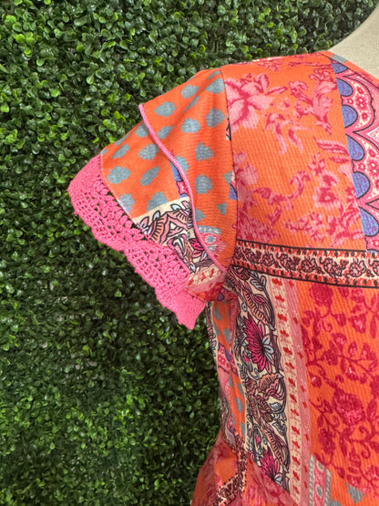 Keren Hart Orange & Pink Patch Pattern Lace Flutter Sleeve Top