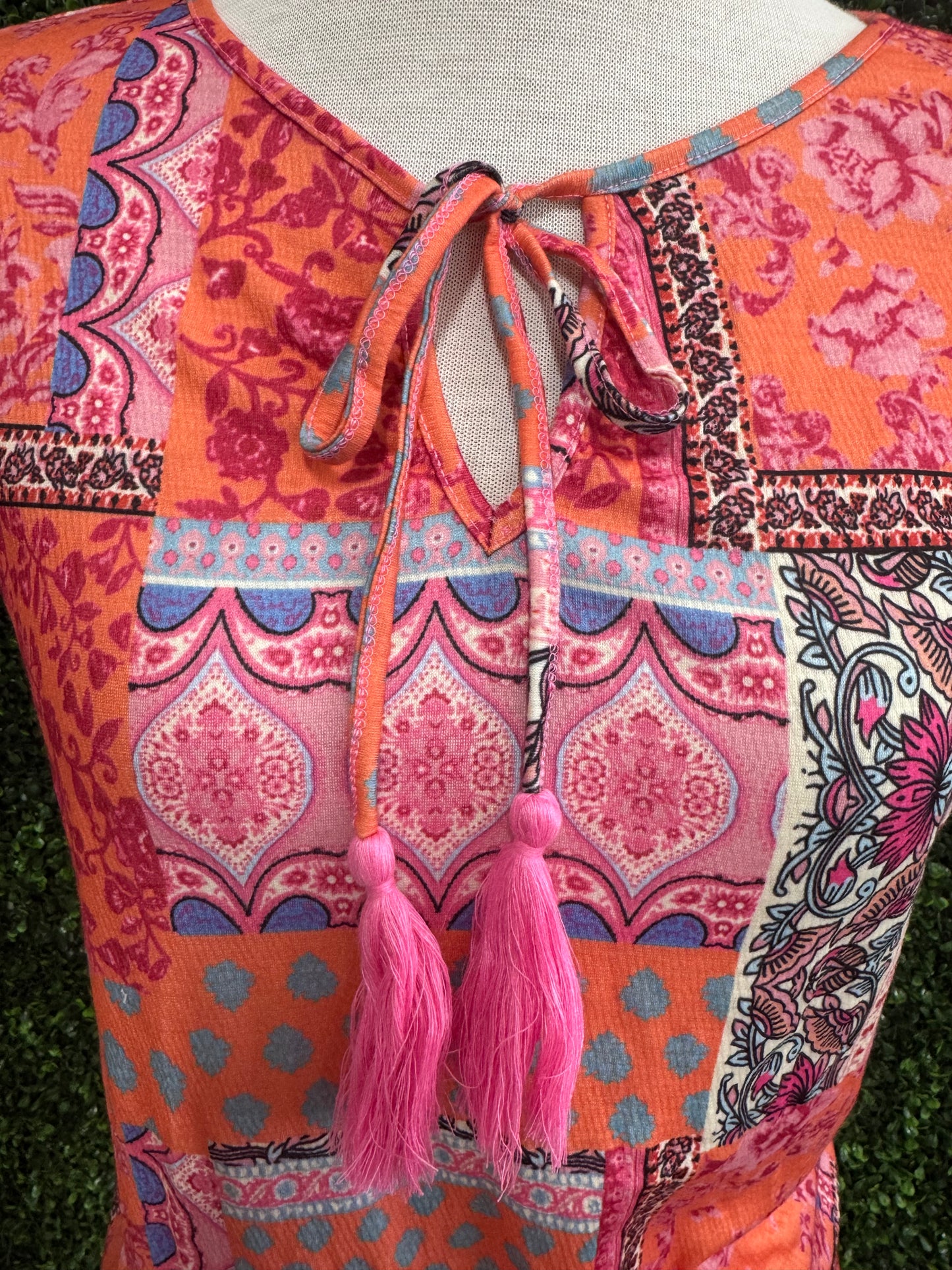 Keren Hart Orange & Pink Patch Pattern Lace Flutter Sleeve Top