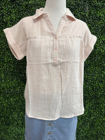 Keren Hart Pink Gingham Cotton Gauze Button Top