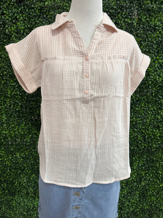 Keren Hart Pink Gingham Cotton Gauze Button Top