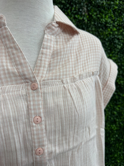 Keren Hart Pink Gingham Cotton Gauze Button Top