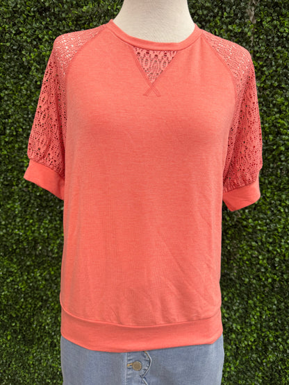 Keren Hart Coral Short Sleeve Knit Top with Lace Detail