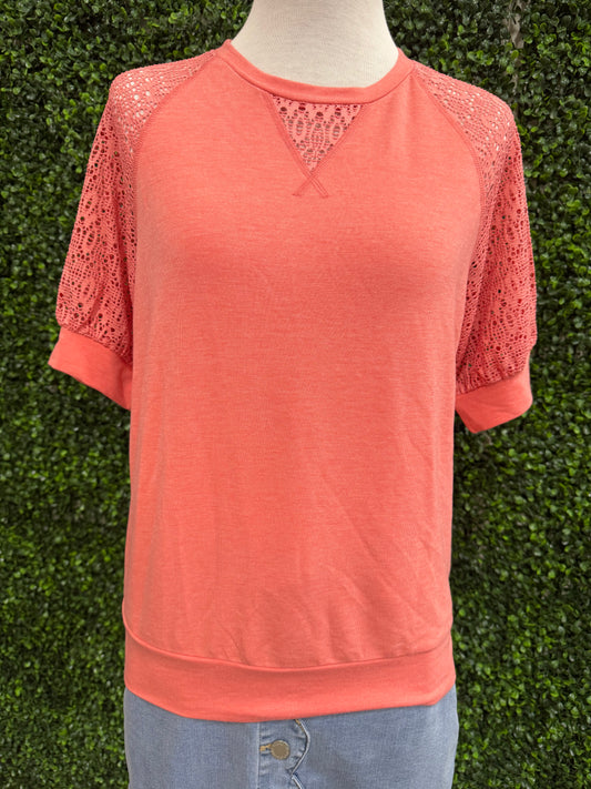 Keren Hart Coral Short Sleeve Knit Top with Lace Detail