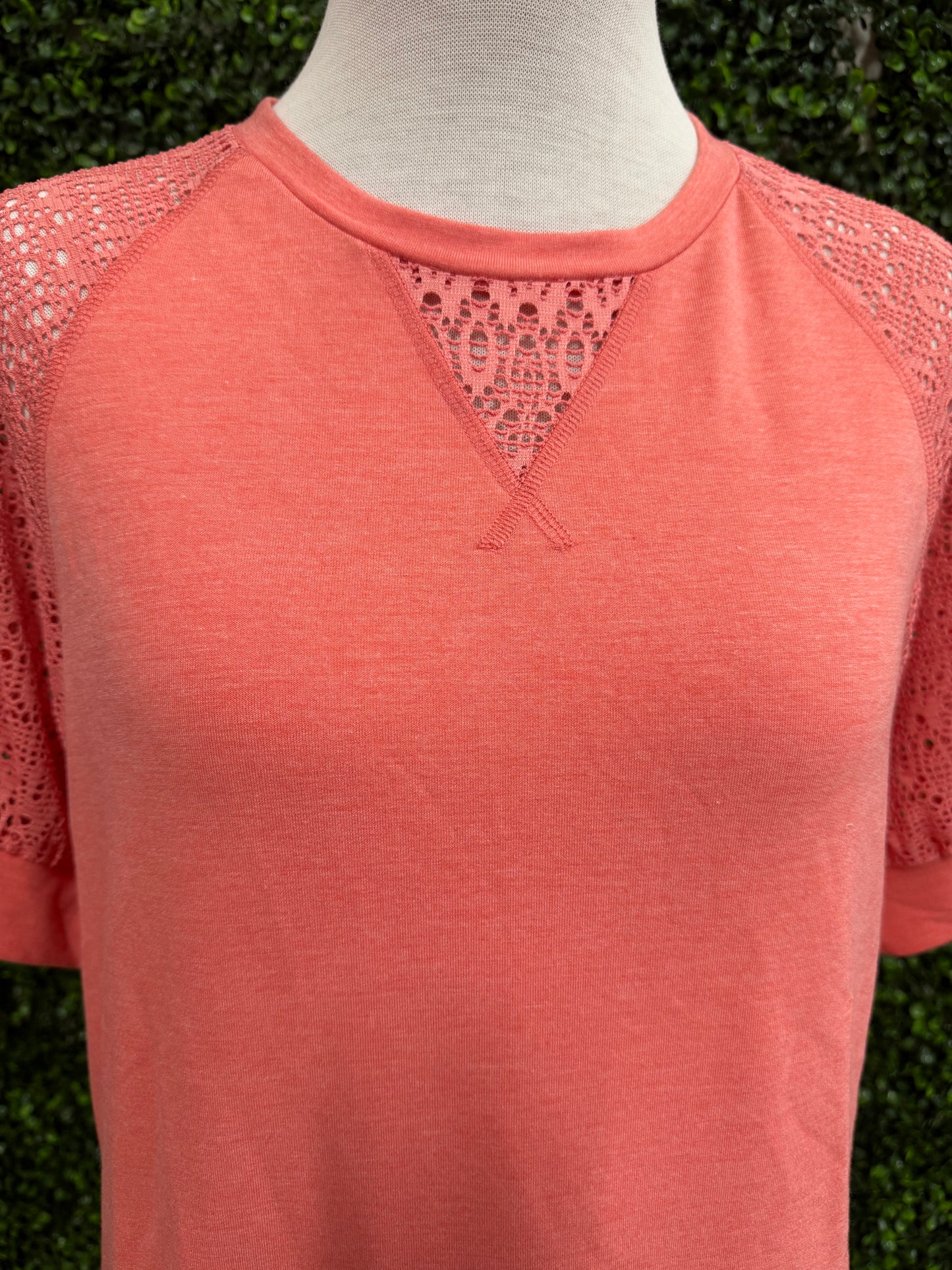 Keren Hart Coral Short Sleeve Knit Top with Lace Detail