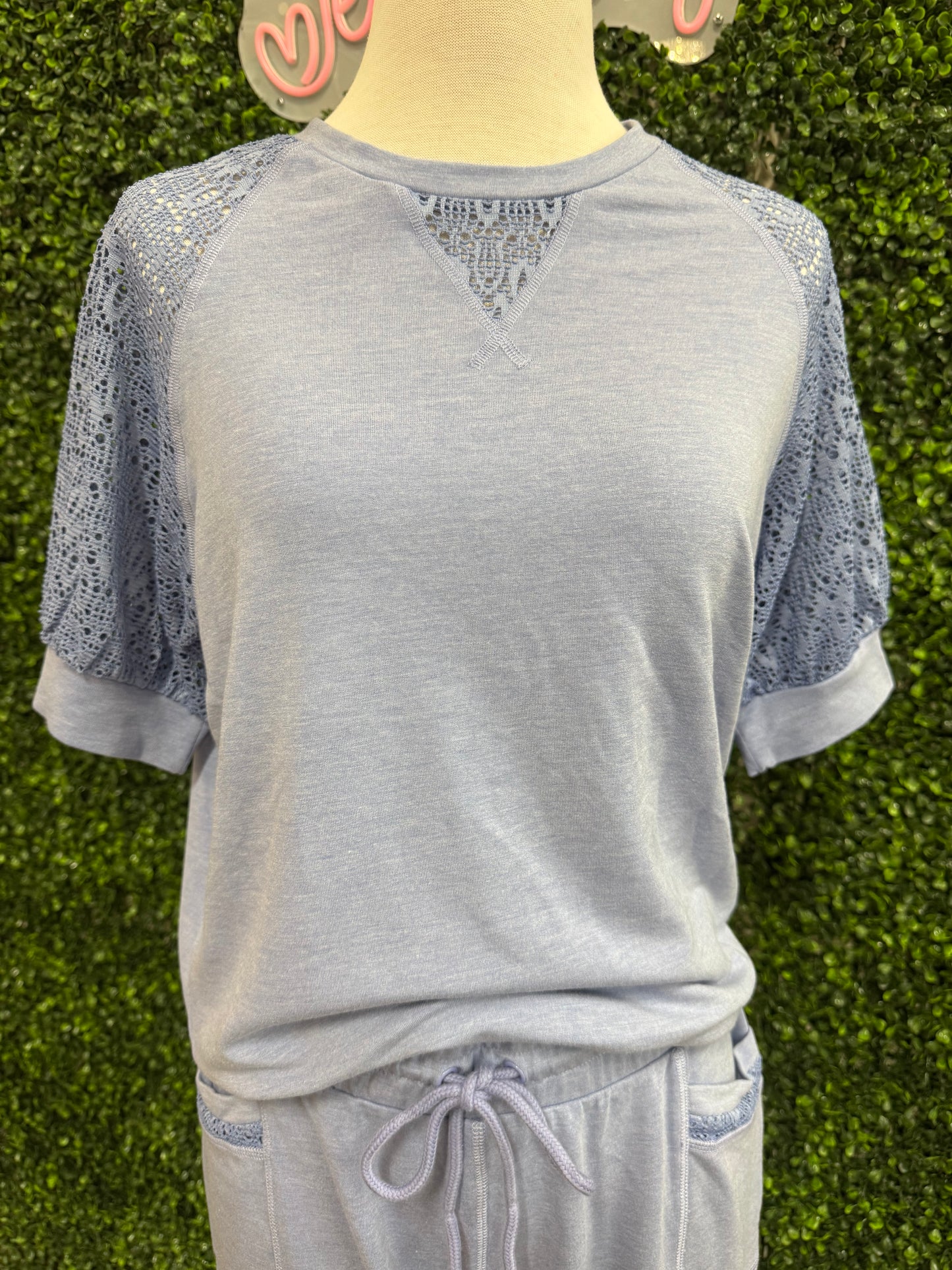 Keren Hart Blue Short Sleeve Knit Top with Lace Detail