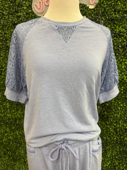 Keren Hart Blue Short Sleeve Knit Top with Lace Detail