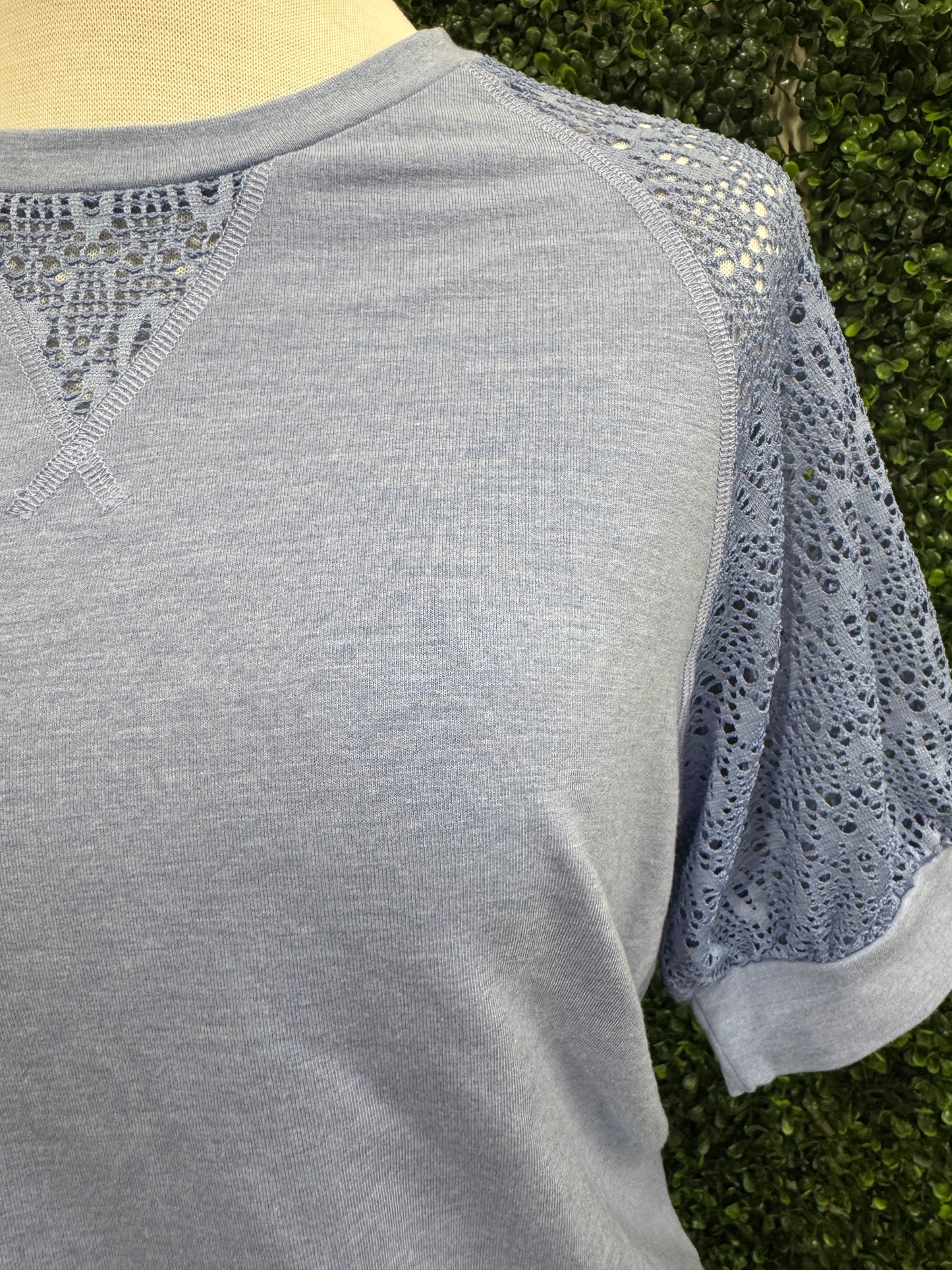 Keren Hart Blue Short Sleeve Knit Top with Lace Detail