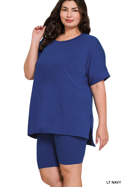 Plus brushed DTY microfiber round-neck top and biker shorts set - 3 colors