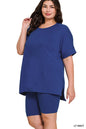 Plus brushed DTY microfiber round-neck top and biker shorts set - 3 colors