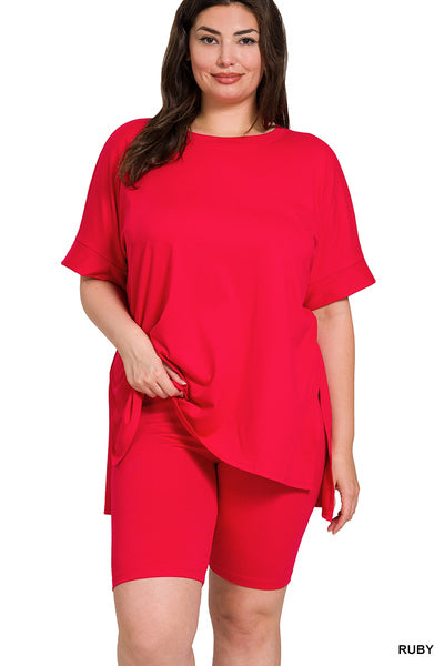 Plus brushed DTY microfiber round-neck top and biker shorts set - 3 colors