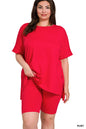 Plus brushed DTY microfiber round-neck top and biker shorts set - 3 colors