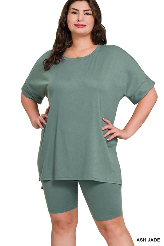 Plus brushed DTY microfiber round-neck top and biker shorts set - 3 colors