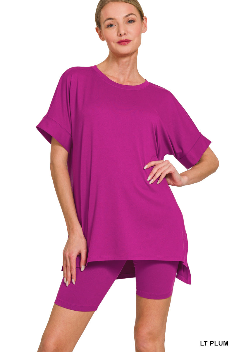 Brushed DTY microfiber round-neck top and biker shorts set - 3 colors