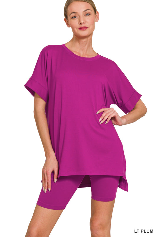 Brushed DTY microfiber round-neck top and biker shorts set - 3 colors