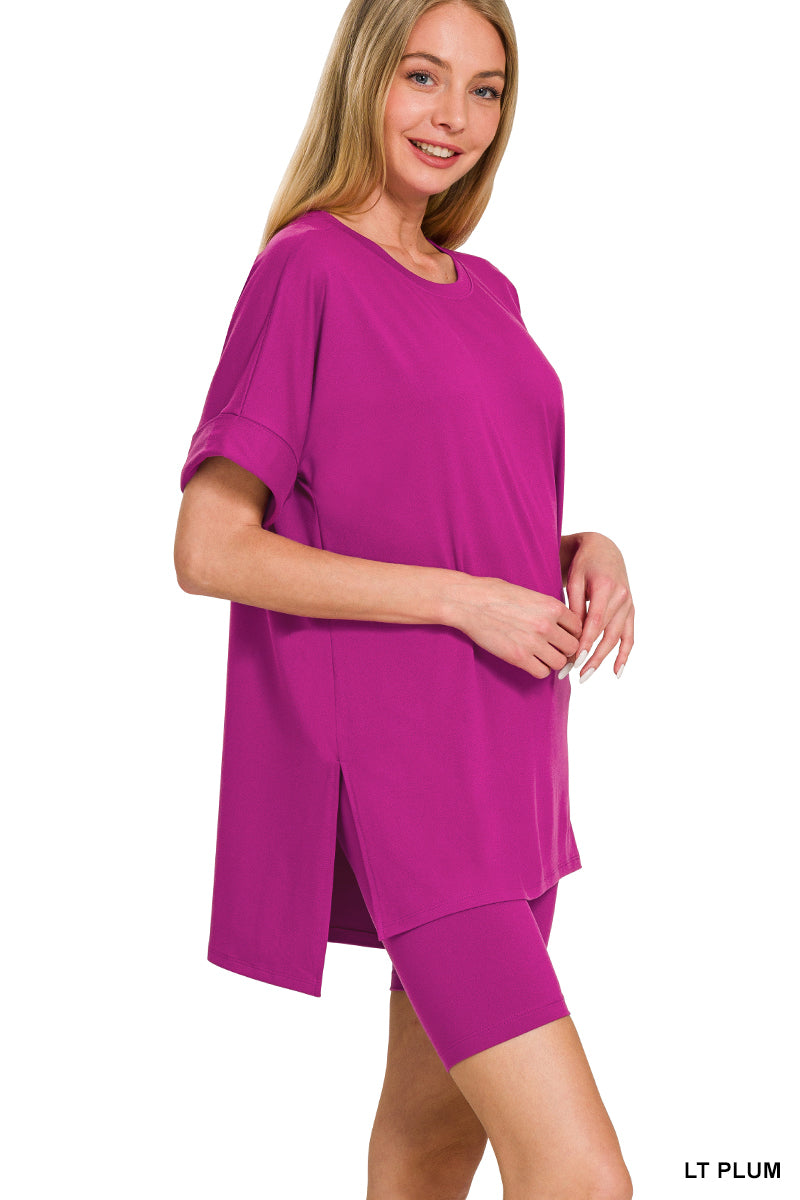 Brushed DTY microfiber round-neck top and biker shorts set - 3 colors