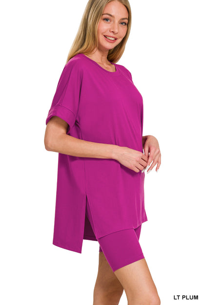 Brushed DTY microfiber round-neck top and biker shorts set - 3 colors