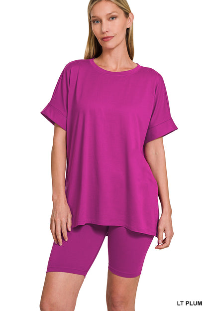 Brushed DTY microfiber round-neck top and biker shorts set - 3 colors