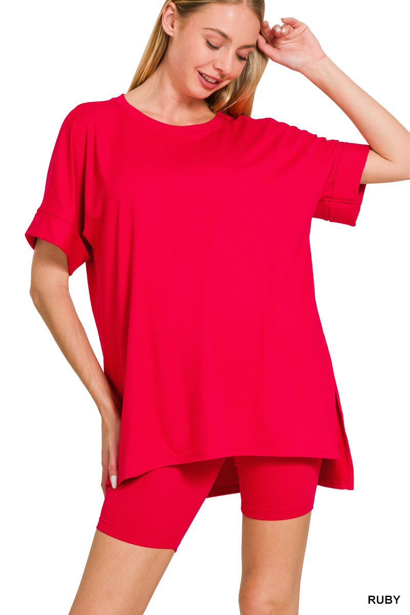 Brushed DTY microfiber round-neck top and biker shorts set - 3 colors