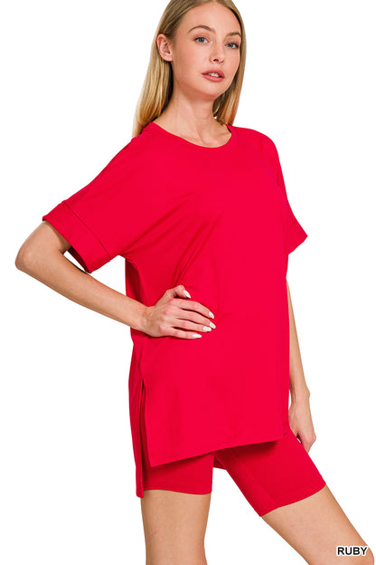 Brushed DTY microfiber round-neck top and biker shorts set - 3 colors