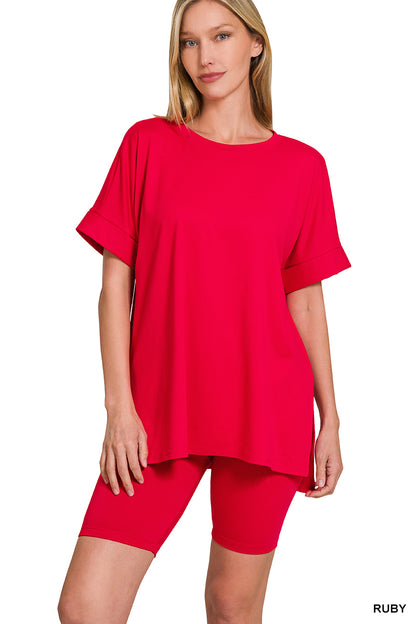 Brushed DTY microfiber round-neck top and biker shorts set - 3 colors