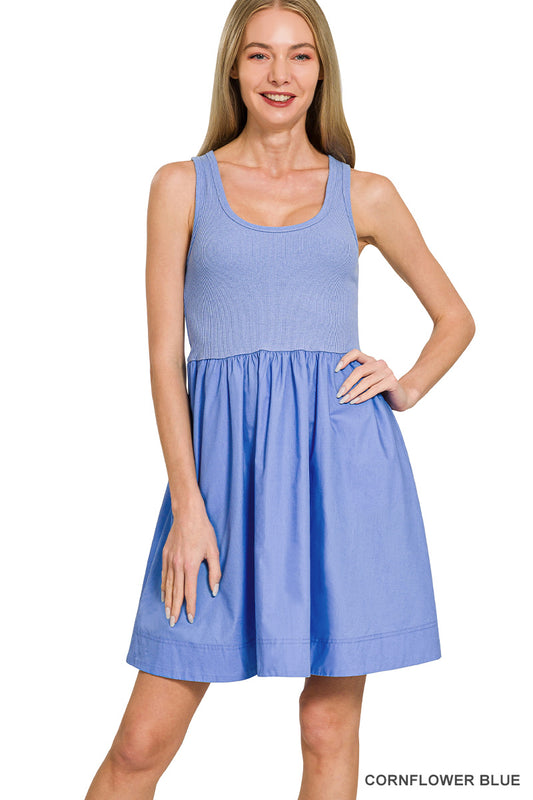 Combined knit and woven dress with pockets - 2 colors