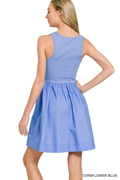 Combined knit and woven dress with pockets - 2 colors