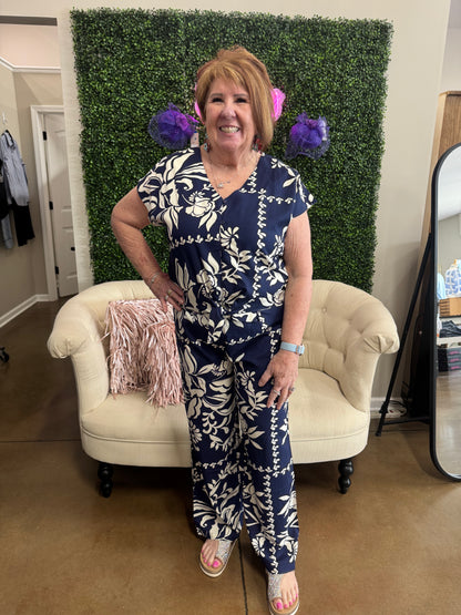 Keren Hart matching navy Flowy bottoms and button top