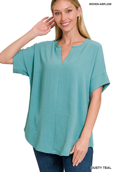 Woven airflow split neck short sleeve top - dusty teal