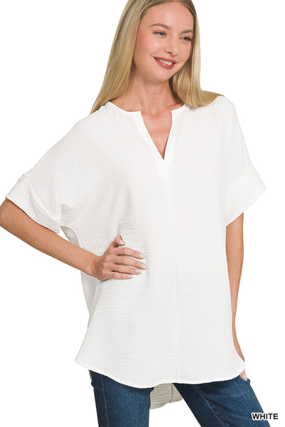 Zenana Woven airflow split neck short sleeve top - white