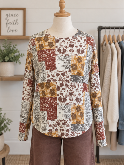 Charlie B Drop Shoulder Quilt Printed Boat Neck Sweater with Pockets