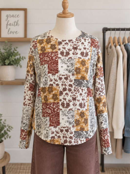 Charlie B Drop Shoulder Quilt Printed Boat Neck Sweater with Pockets