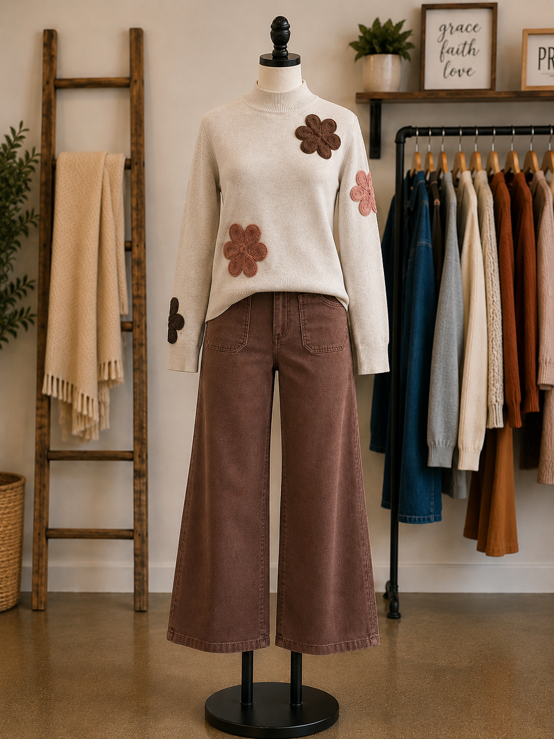 Charlie B Almond Drop Shoulder Flower Applique Sweater