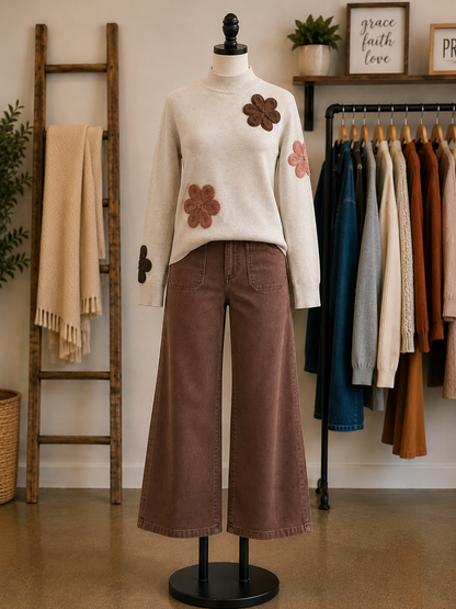 Charlie B Almond Drop Shoulder Flower Applique Sweater