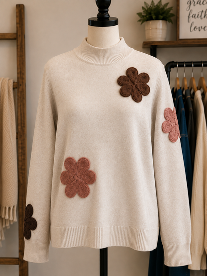 Charlie B Almond Drop Shoulder Flower Applique Sweater
