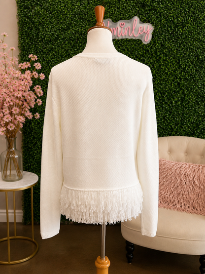 Charlie B Ecru Long Sleeve Crew Neck Sweater with Fringe Hem