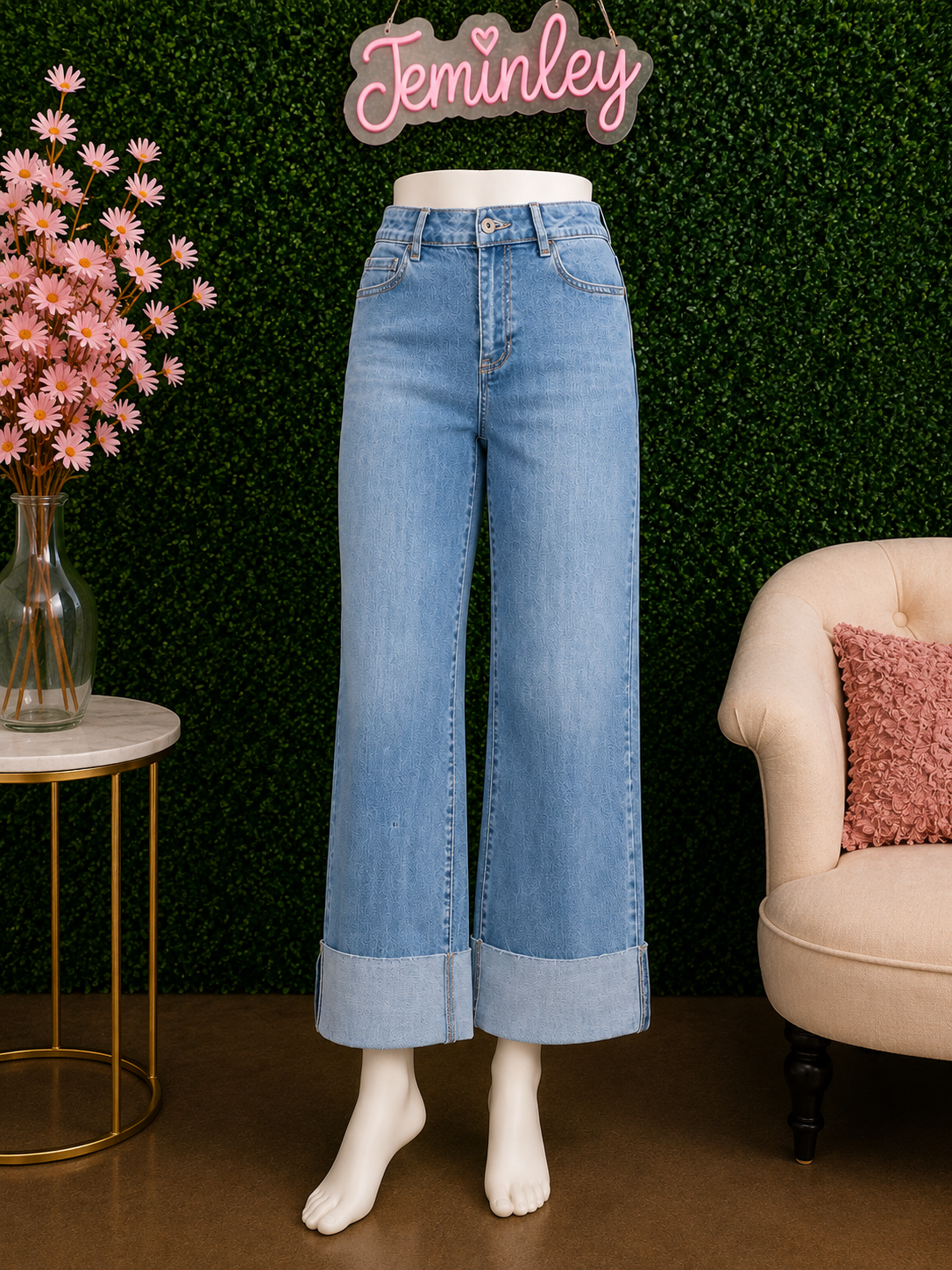Charlie B Medium Blue Cropped Wide Leg Cuffed Jeans