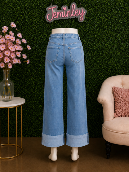 Charlie B Medium Blue Cropped Wide Leg Cuffed Jeans