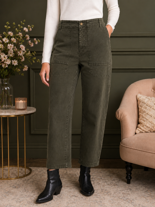 Charlie B Olive Smooth Twill Barrel Jeans