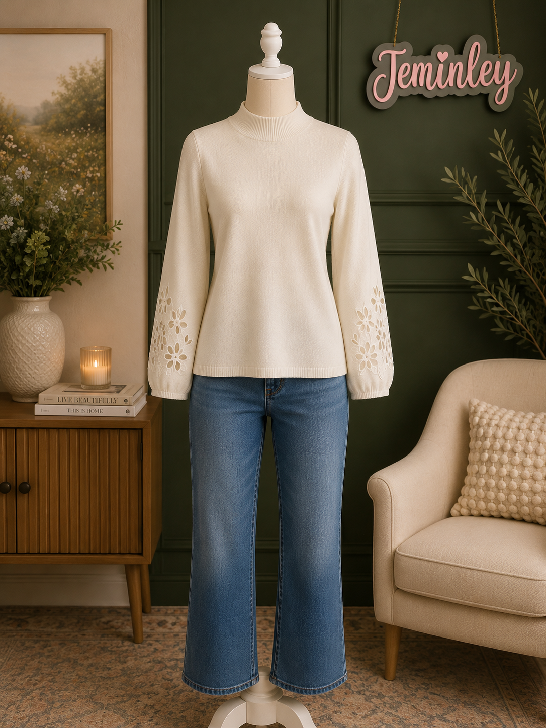 Charlie B Almond Mock Neck Sweater with Embroidery