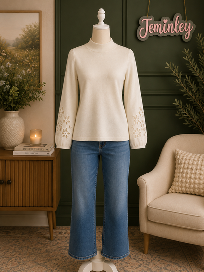 Charlie B Almond Mock Neck Sweater with Embroidery
