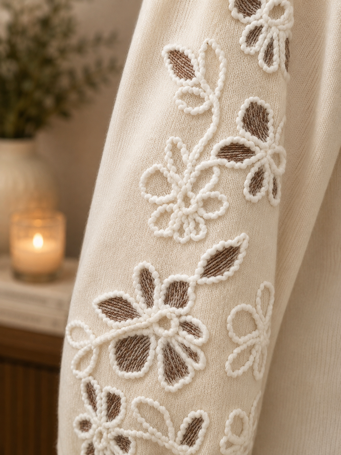 Charlie B Almond Mock Neck Sweater with Embroidery
