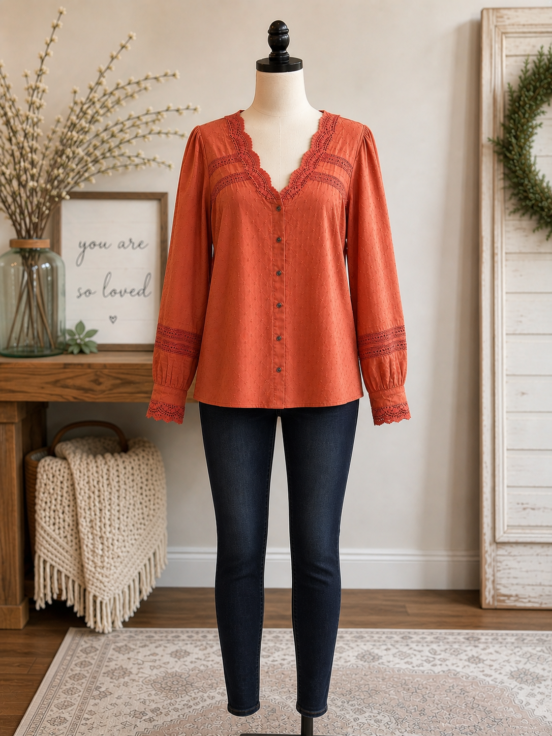 Rust Lace Detail Button Top with Tie Back