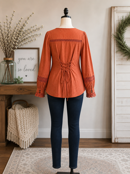 Rust Lace Detail Button Top with Tie Back