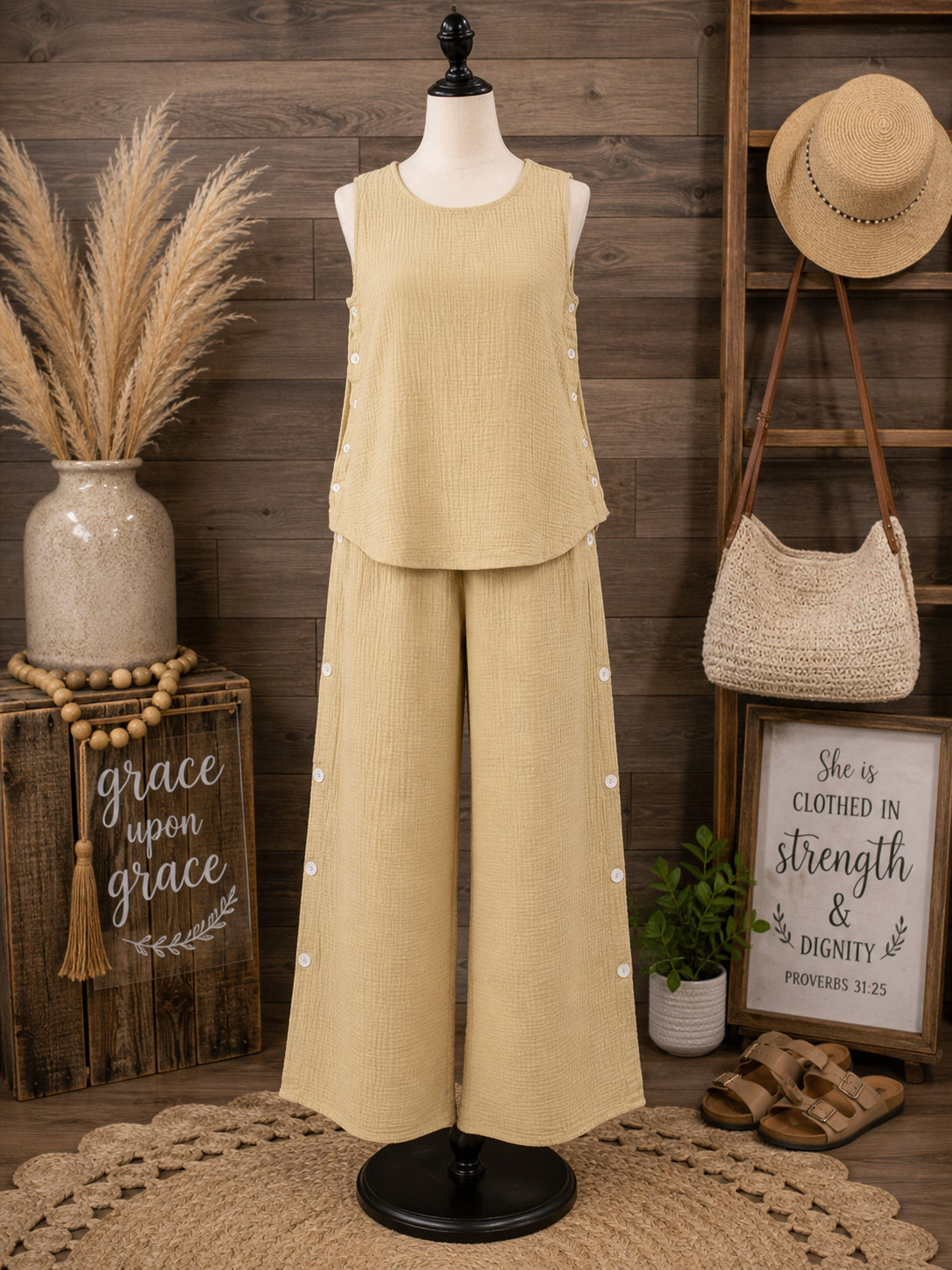 Paper Lace Ash Yellow Gauze Button Bottoms
