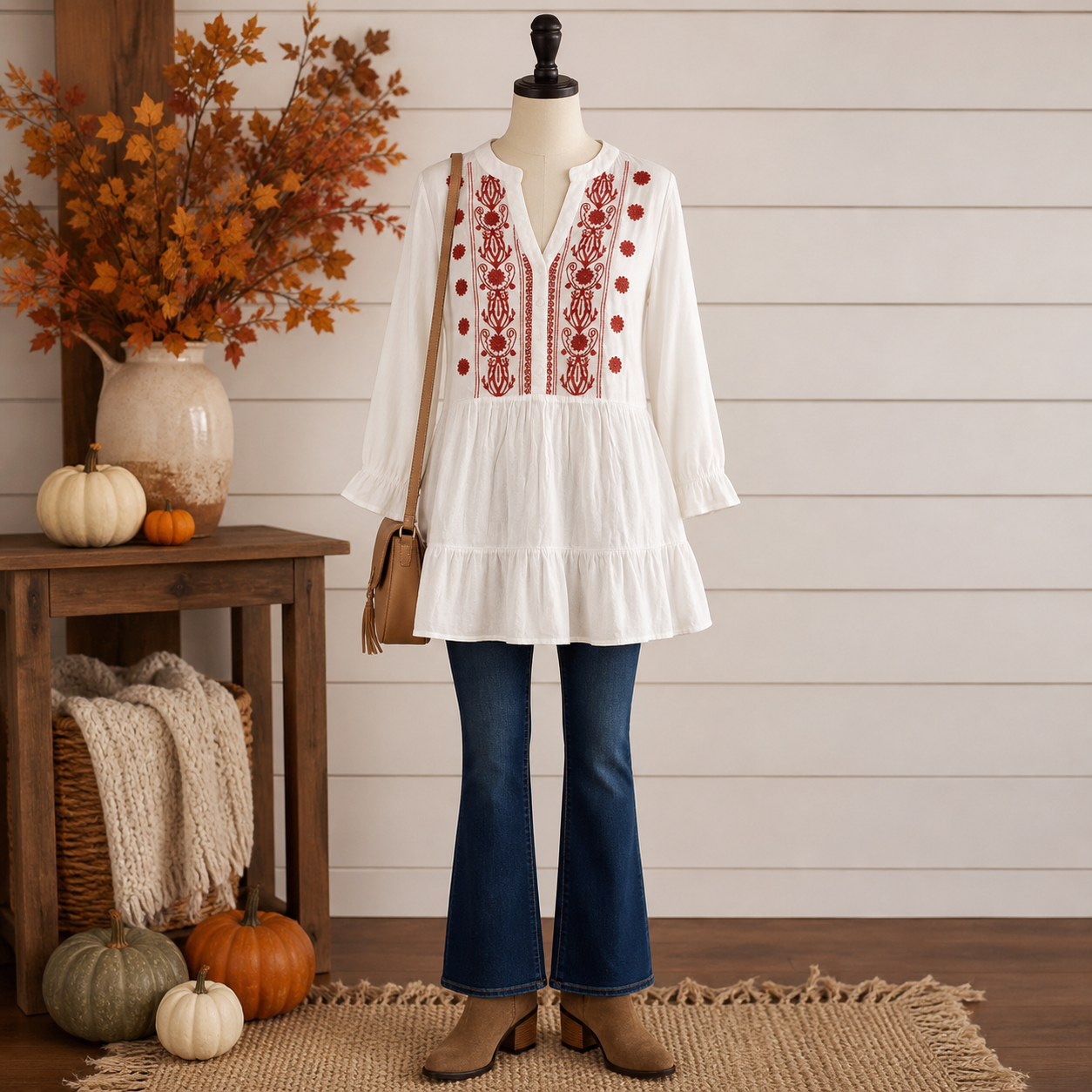 White Tunic Ruffle Top with Red Embroidery