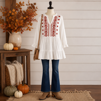 White Tunic Ruffle Top with Red Embroidery