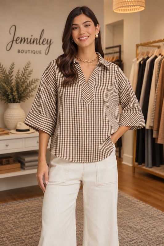Entro Brown Gingham 3/4 Sleeve Top