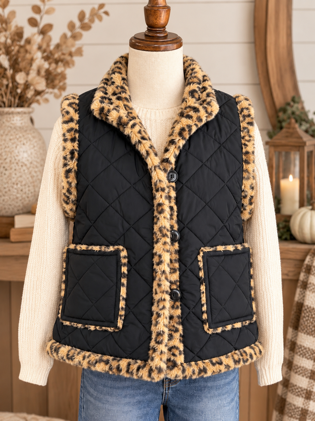 Keren Hart Reversible Faux Fur Quilted Vest - Black/Leopard
