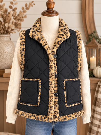 Keren Hart Reversible Faux Fur Quilted Vest - Black/Leopard