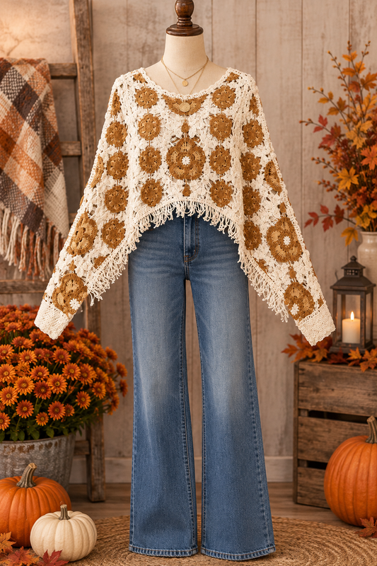 Keren Hart Cropped Crochet Poncho with Long Sleeves